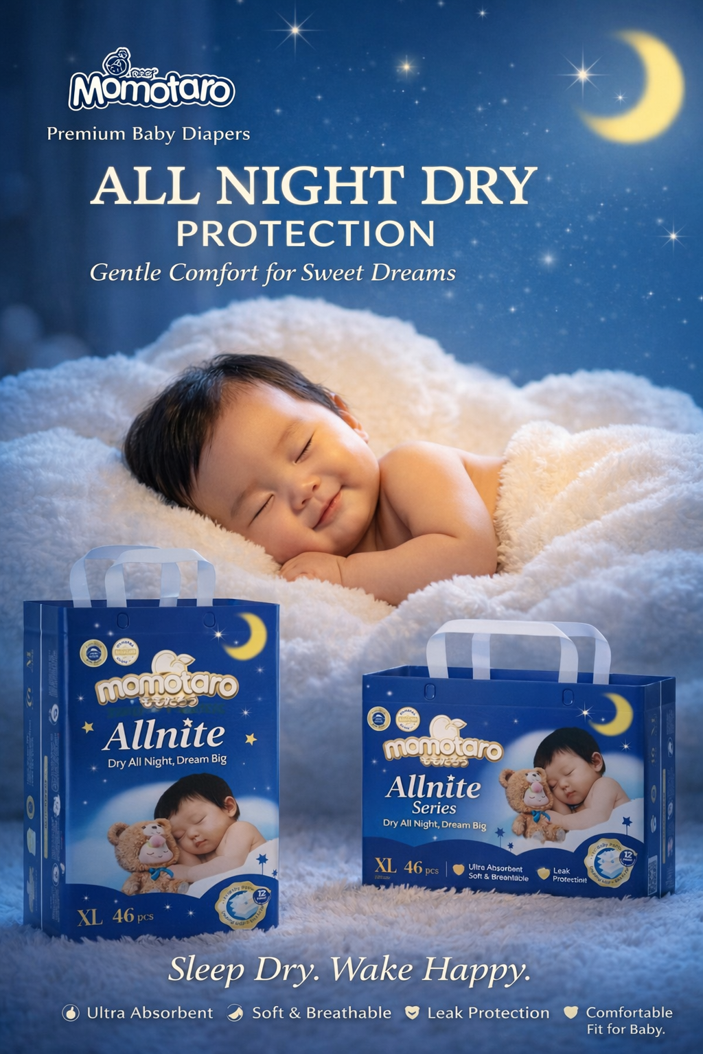 Pañales para bebés Momotaro Allnite Series para protección seca durante toda la noche