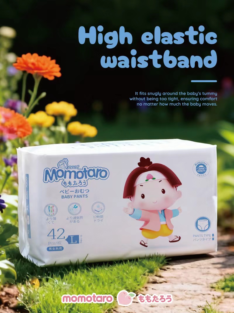 Pañales para bebés Momotaro con pretina elástica alta para venta al por mayor y suministro OEM